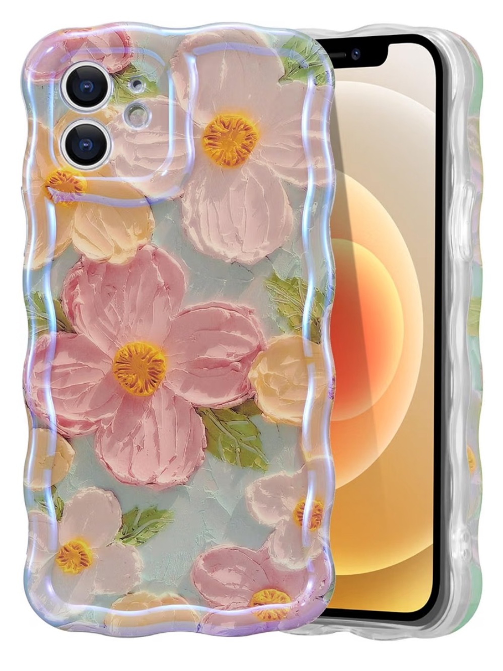 Lot of 2 iPhone 12 Cases, Retro Oil Painting Design Wavy Edge